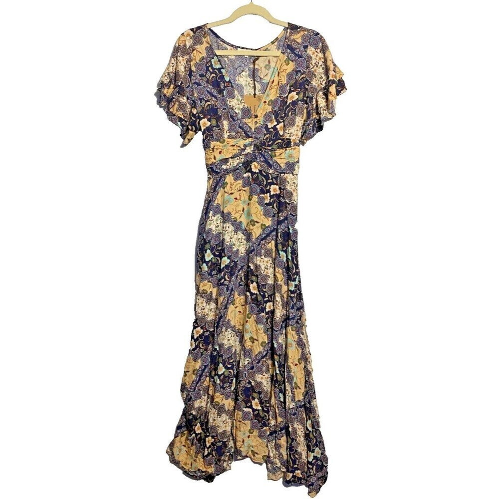 Anthropologie Abel The Label Maxi Dress Size S Floral Short Flutter Sleeve Tie